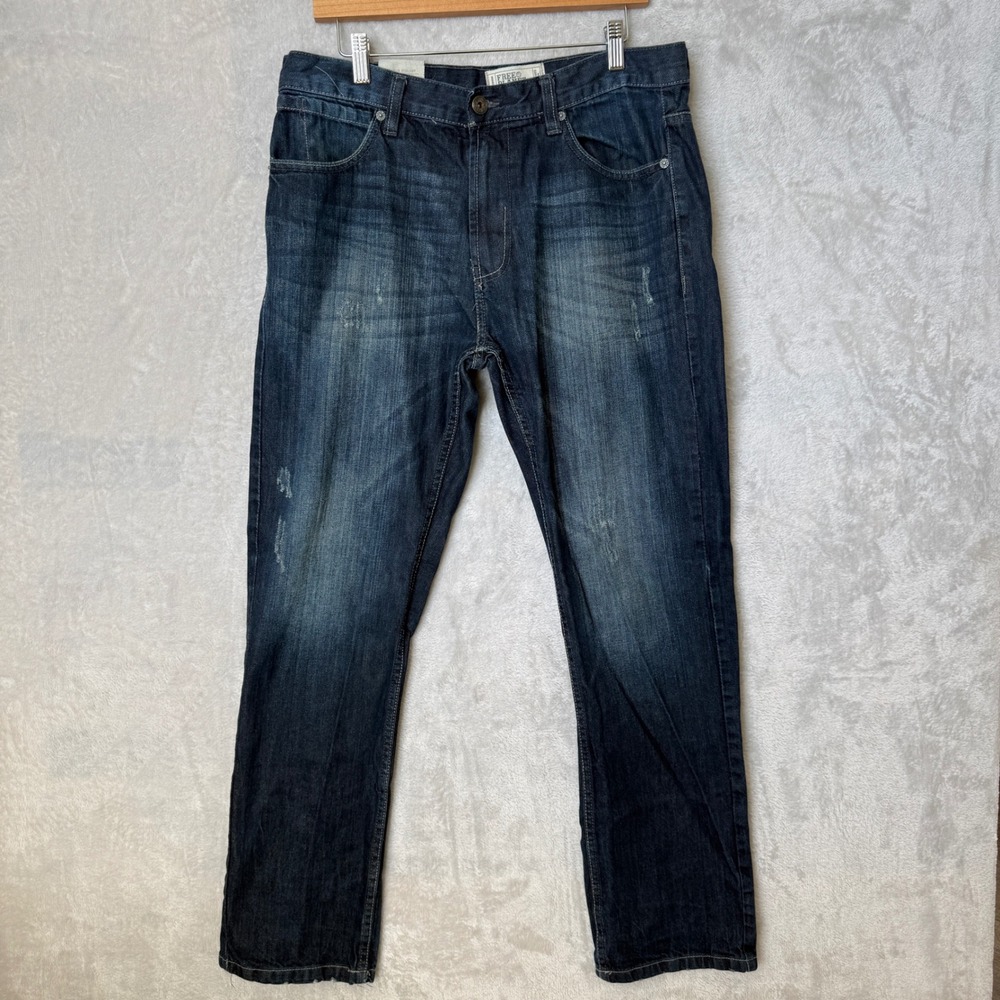 Free Planet Jeans Mens 34x32 Straight Leg Dark Wash Distressed Streetwear Grunge